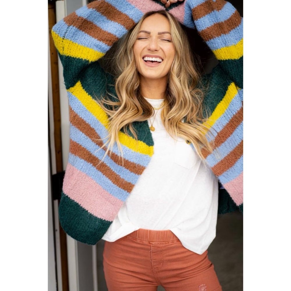Relaxed Multicolor Striped Cardigan Sweater - Green/Pink/Blue Size M Front Snap